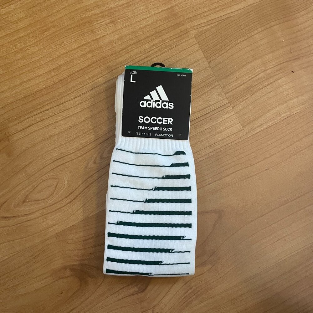 White with green stripes, Adidas soccer socks Large